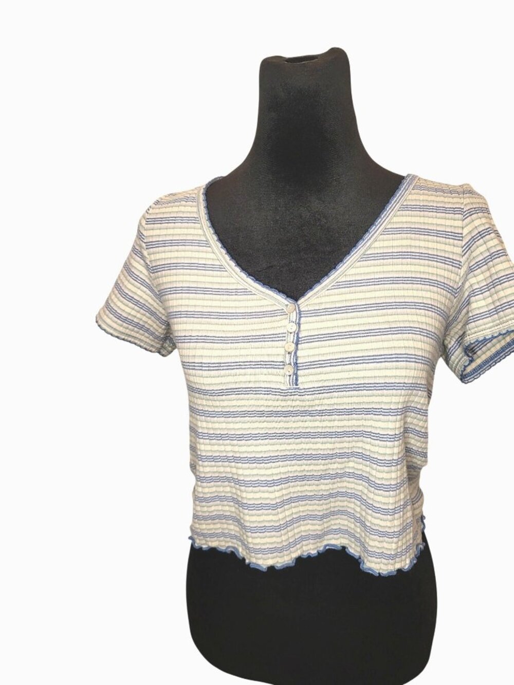 American Eagle Blue White Striped Henley Baby Tee M Ribbed 90s Skater Grunge